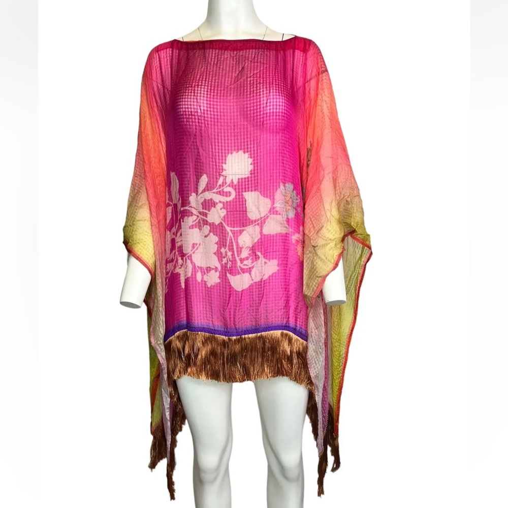 ETRO Milan Fringe Silk Poncho Cape Multicolor Ombre Floral Tunic Dress Shawl OS